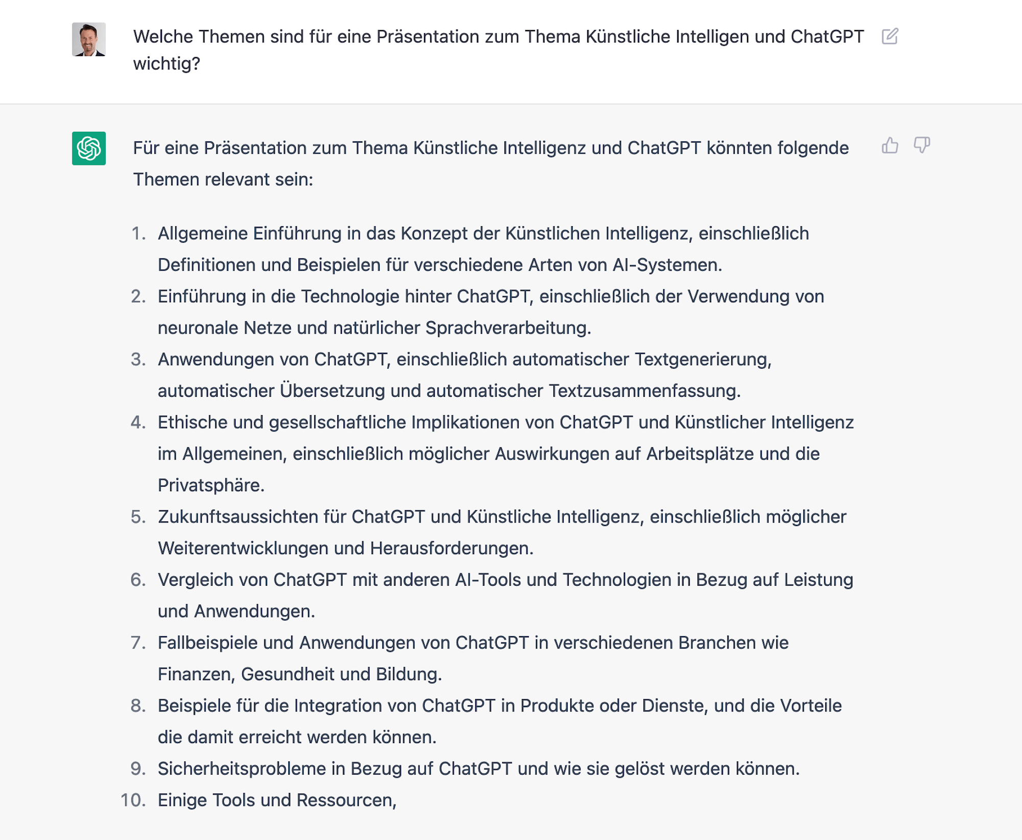 Beispiel: ChatGPT erstellt eine Inhaltsübersicht zum Thema KI/ AI