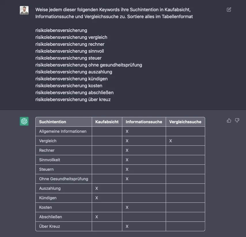 ChatGPT Beispiel Suchintension für Keywords in Tabelle