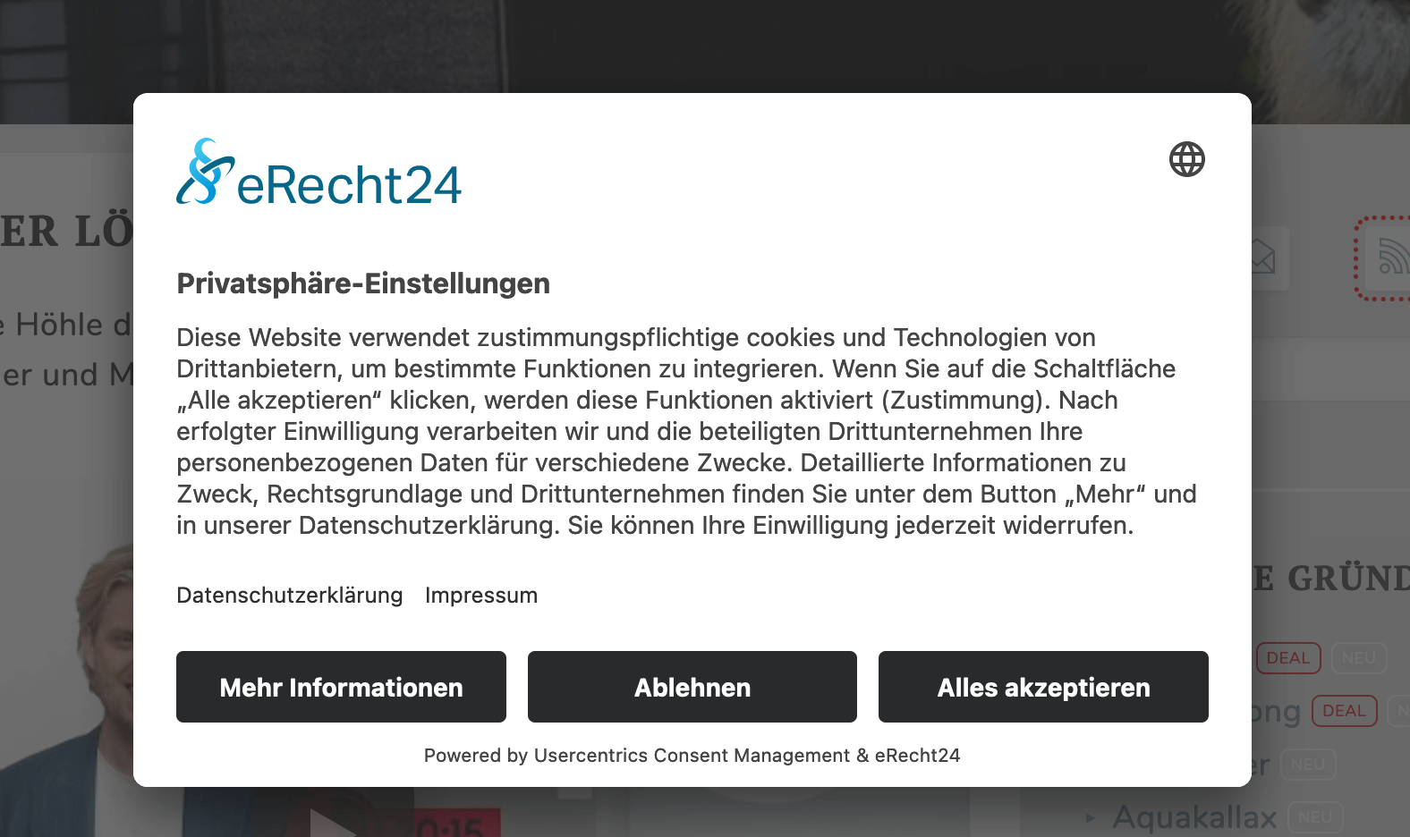 Standard-Darstellung eRecht24 Usercentrics Consent (CMP v2)