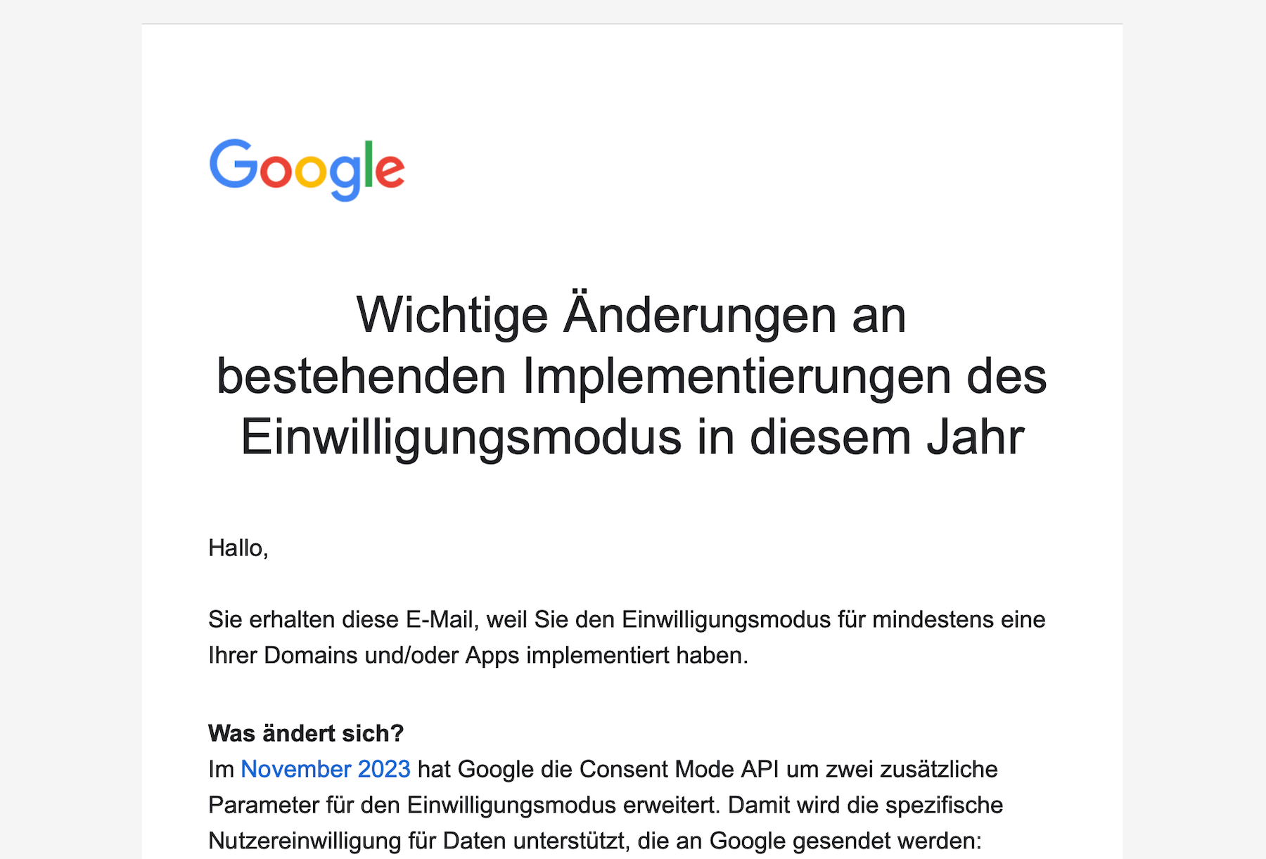 Google E-Mail zur Änderung des Einwilligungsmodus