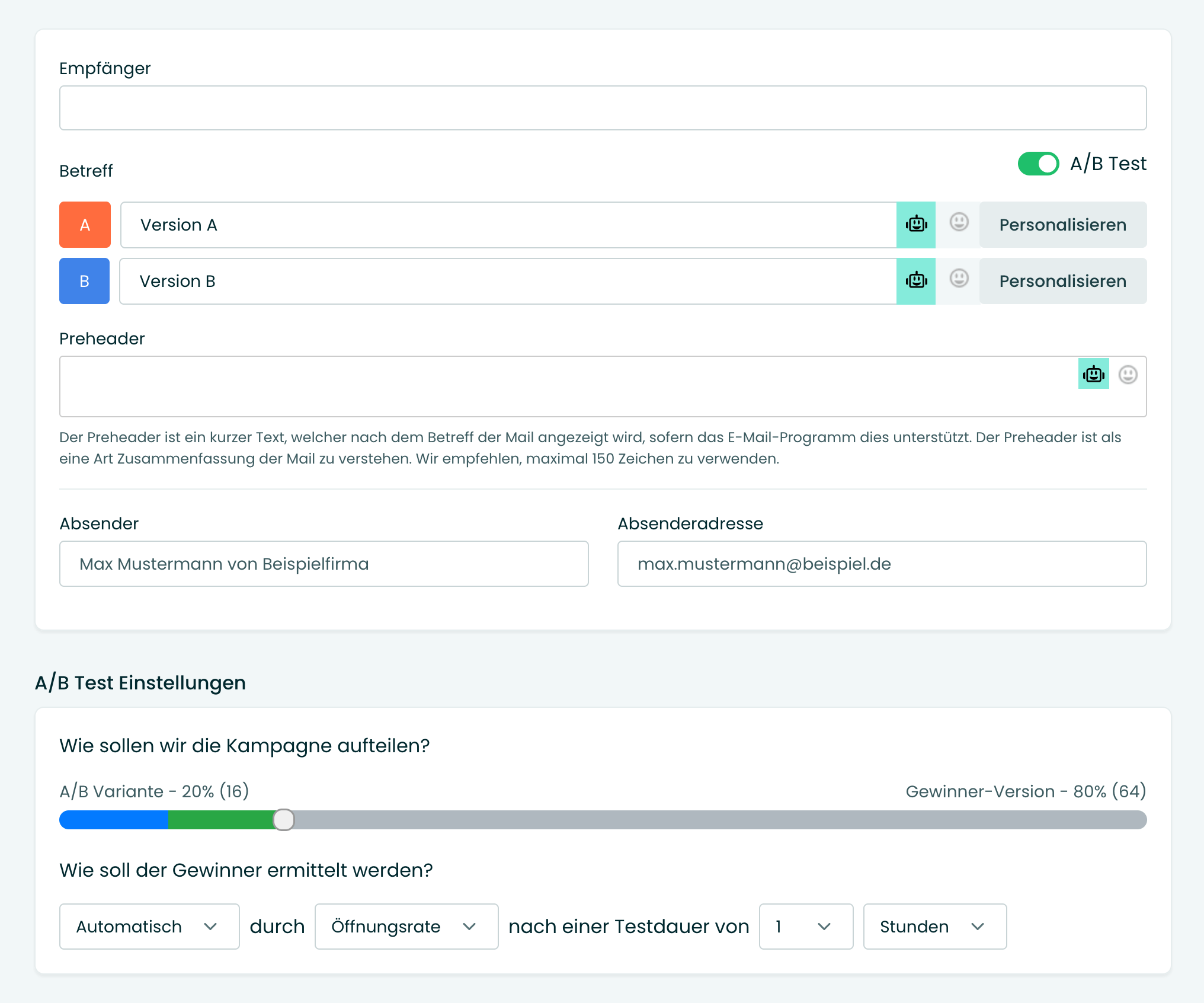 Beispielhafter A/B-Test für unterschiedliche Newsletter-Versionen