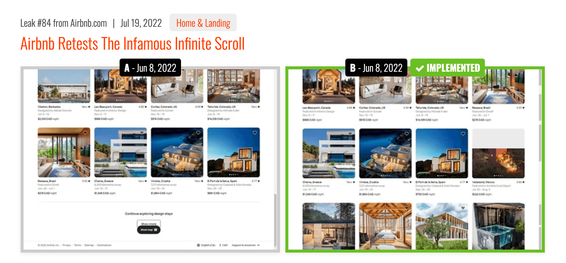 Ergebnisse eines A/B-Tests der Seite Airbnb.