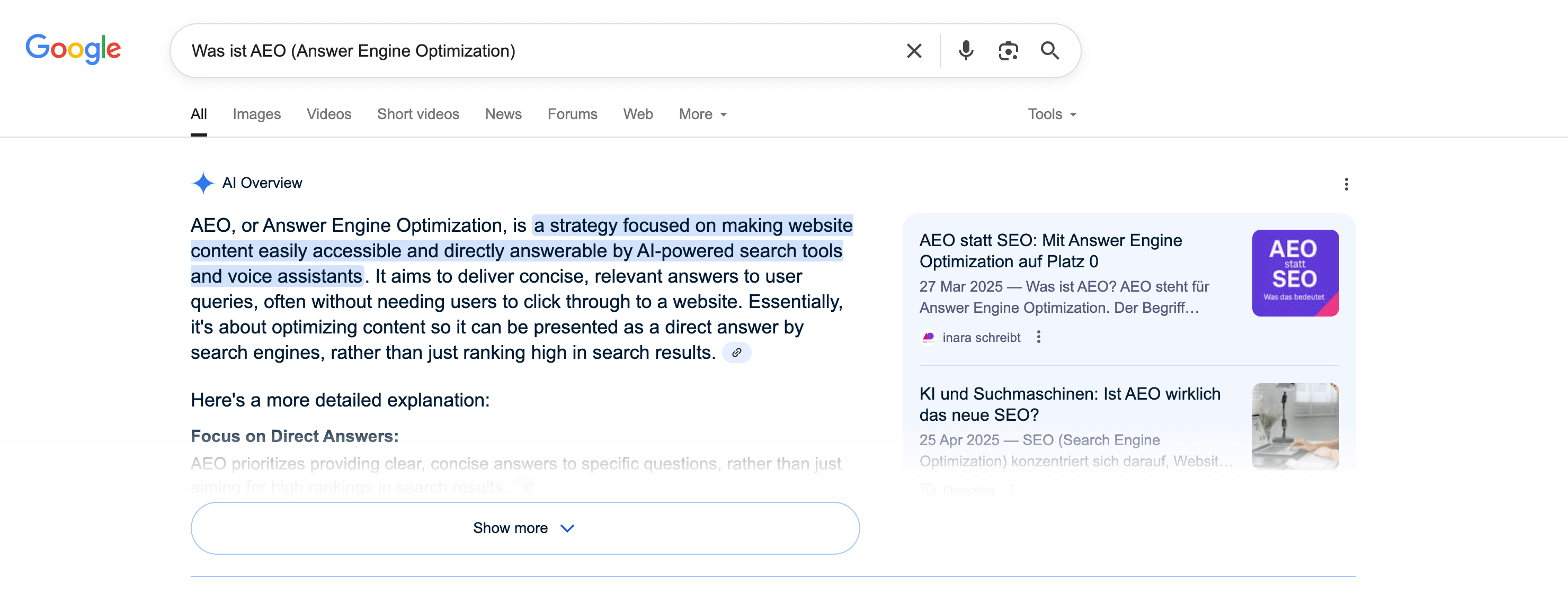 AI Overview zur Google-Suche "Was ist AEO (Answer Engine Optimization)"