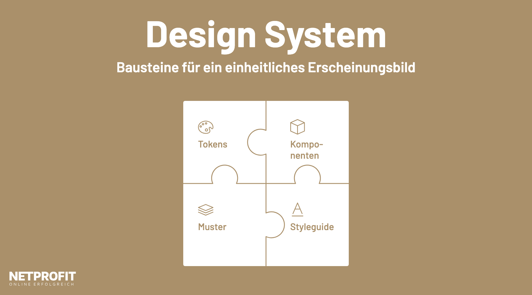 Puzzle aus vier Teilen: Tokens, Komponenten, Muster und Styleguide