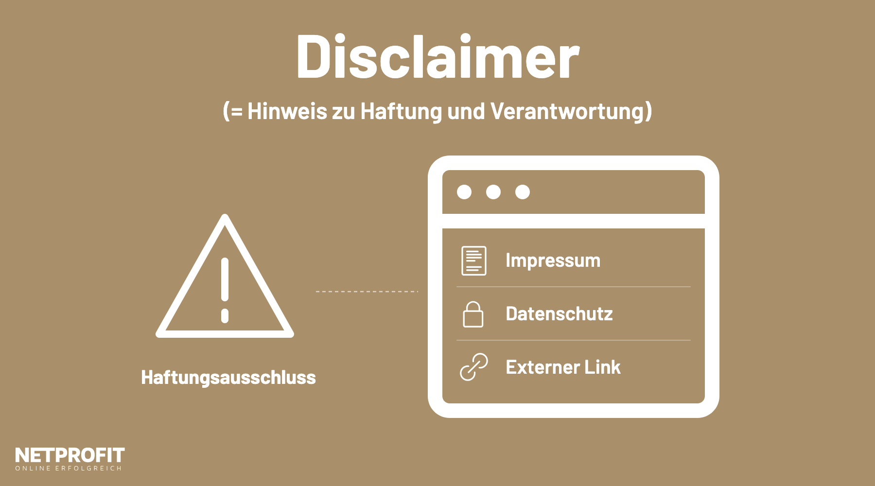 Warnhinweis-Schild mit der Beschriftung Haftungsausschluss neben einer Webseite mit Impressum, Datenschutz und externem Link.