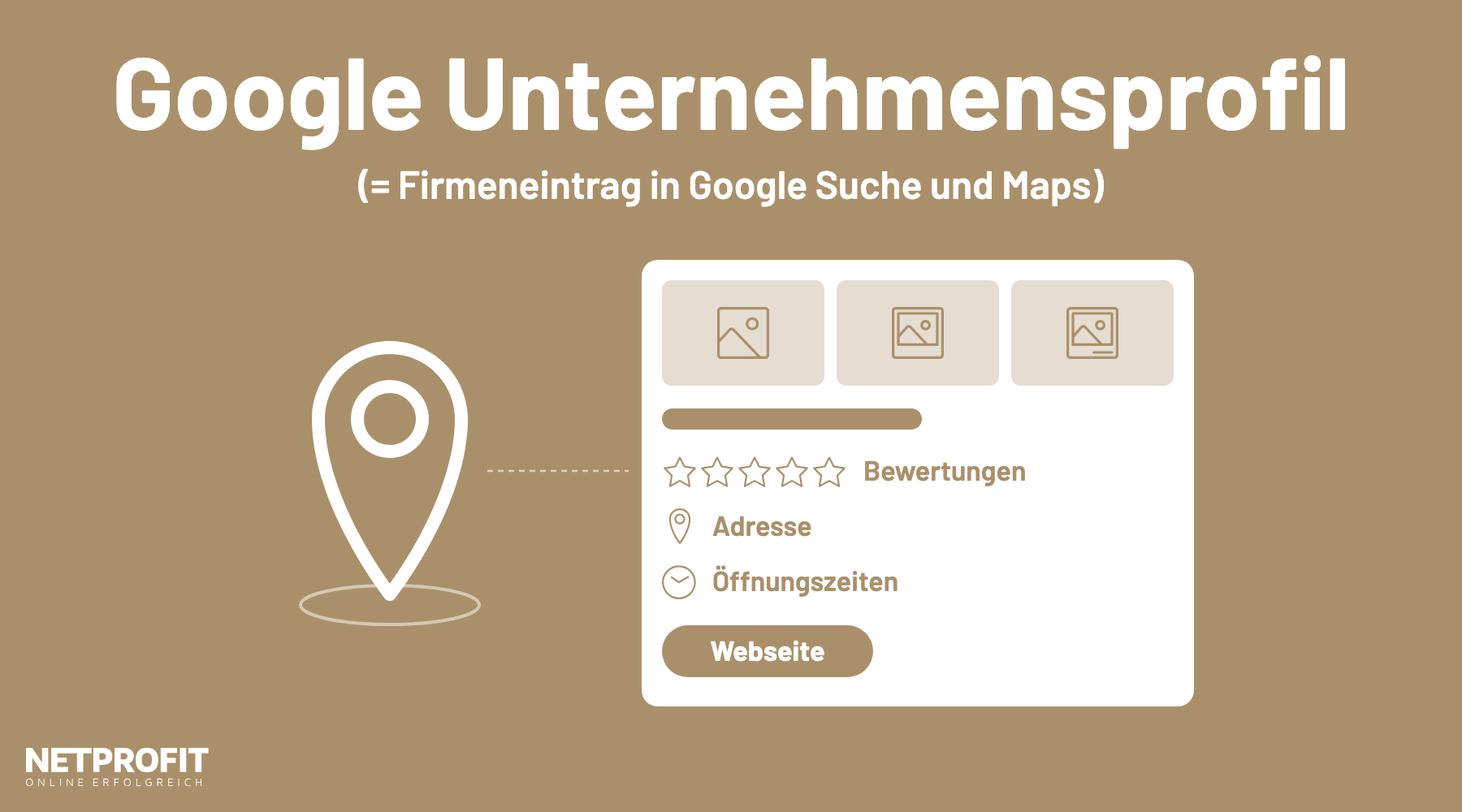 Kartenmarker neben einem Unternehmenseintrag mit Fotos, Sternebewertung, Adresse, &Ouml;ffnungszeiten und Button zur Webseite.