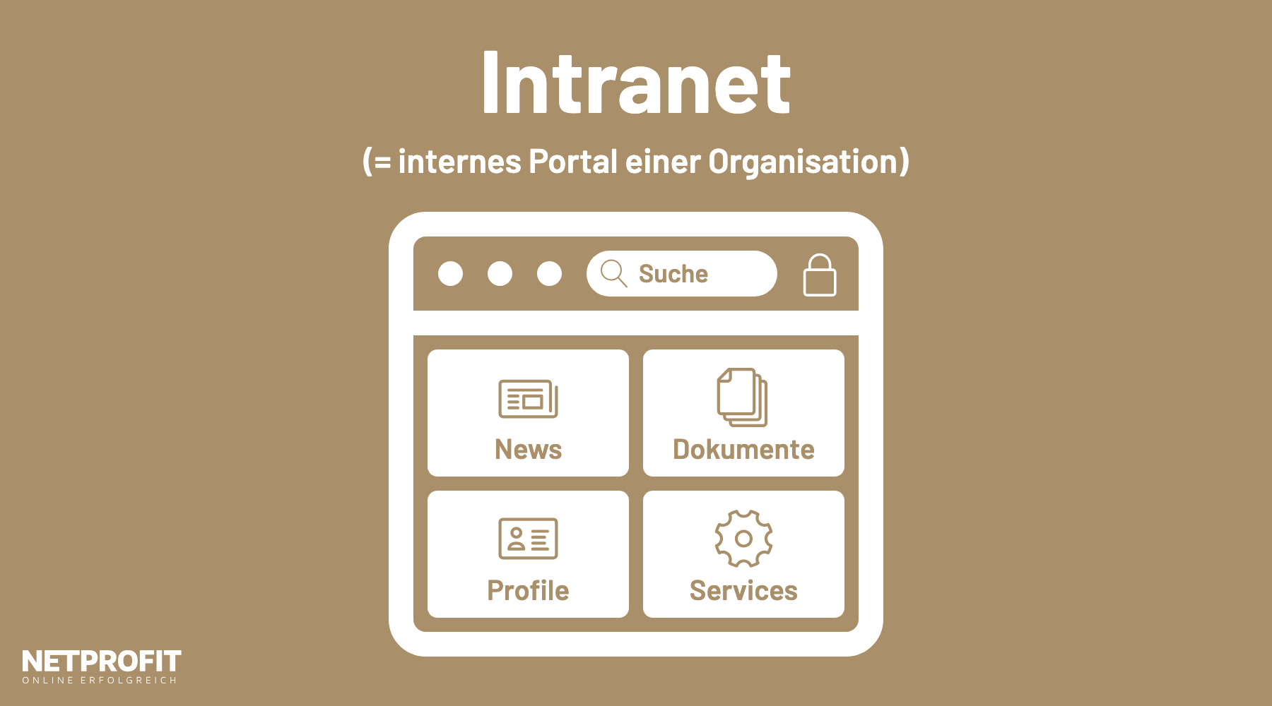 Internes Portal im Browserfenster mit Schloss, Suchleiste und Kacheln f&uuml;r News, Dokumente, Profile und Services.
