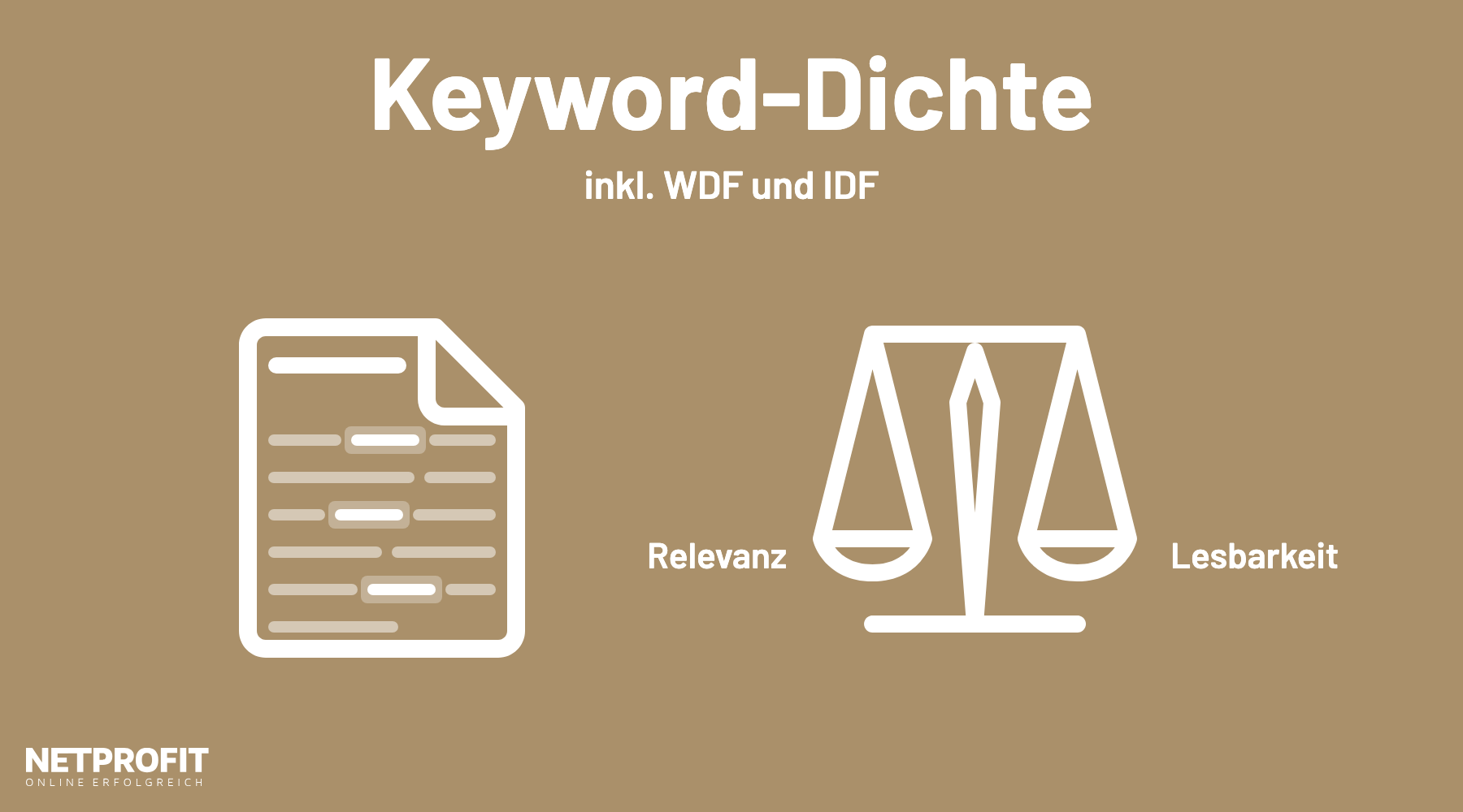 Textdokument mit markierten Suchbegriffen neben einer Waage zwischen Relevanz und Lesbarkeit