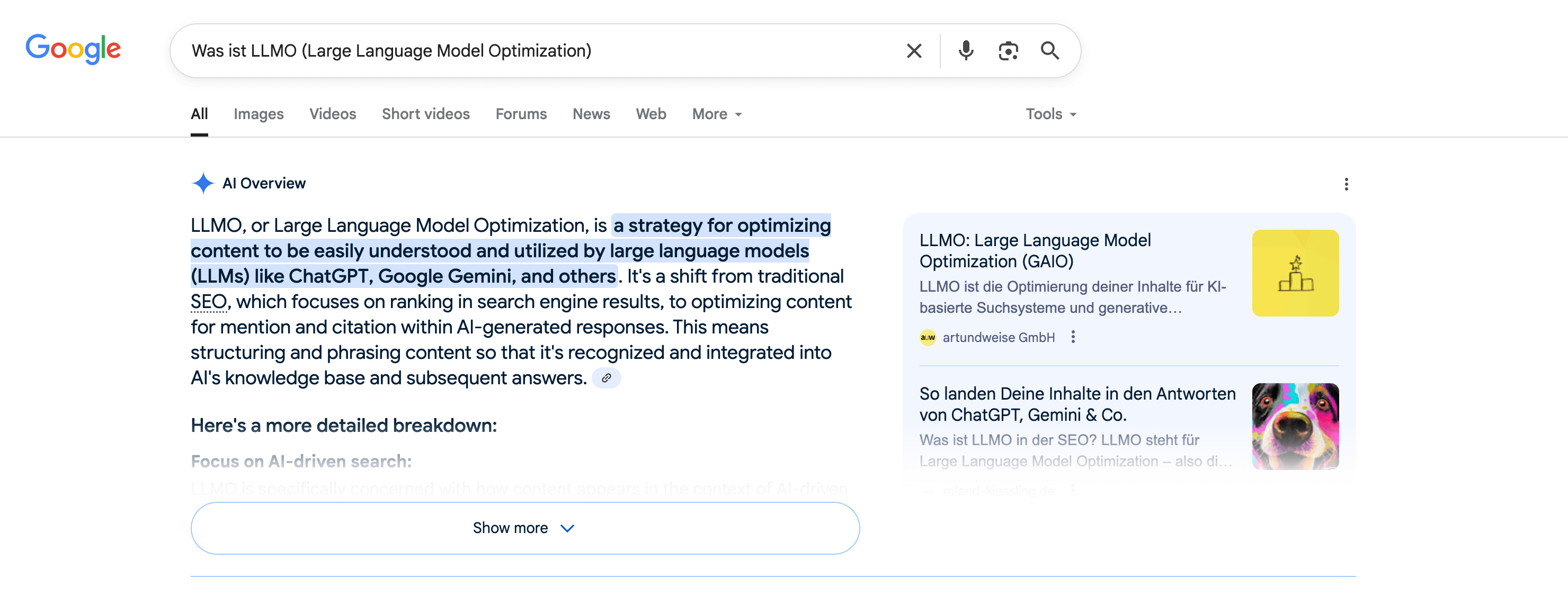 AI Overview zur Google-Suche "Was ist LLMO (Large Language Model Optimization)"