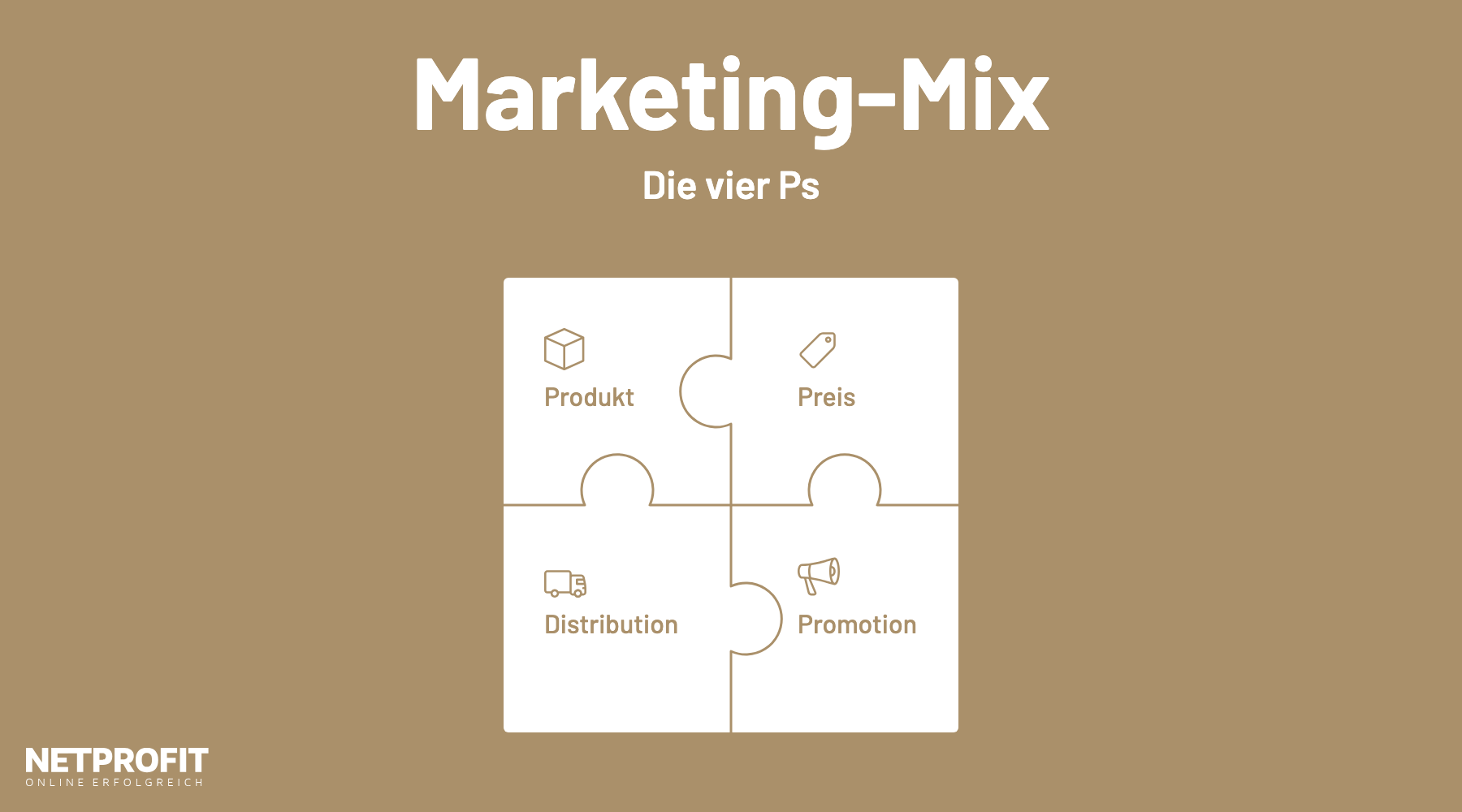Vier Puzzleteile: Produkt, Preis, Distribution und Promotion (Kommunikation)