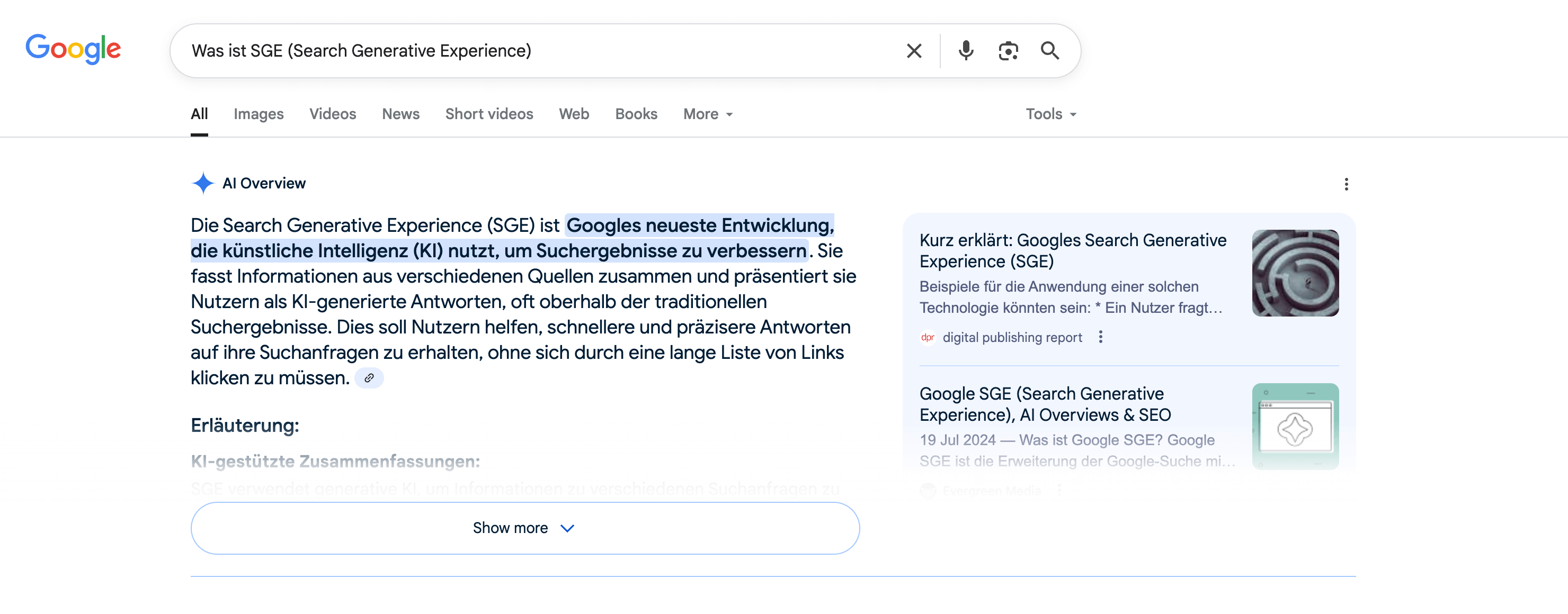 AI Overview zur Google-Suche "Was ist SGE (Search Generative Experience)"