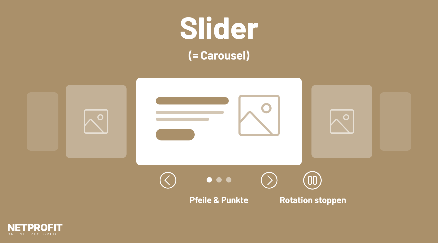 Website-B&uuml;hne mit aktivem Slide und angeschnittenen Nachbar-Slides, darunter Pfeile, Punkte und ein Pause-Symbol