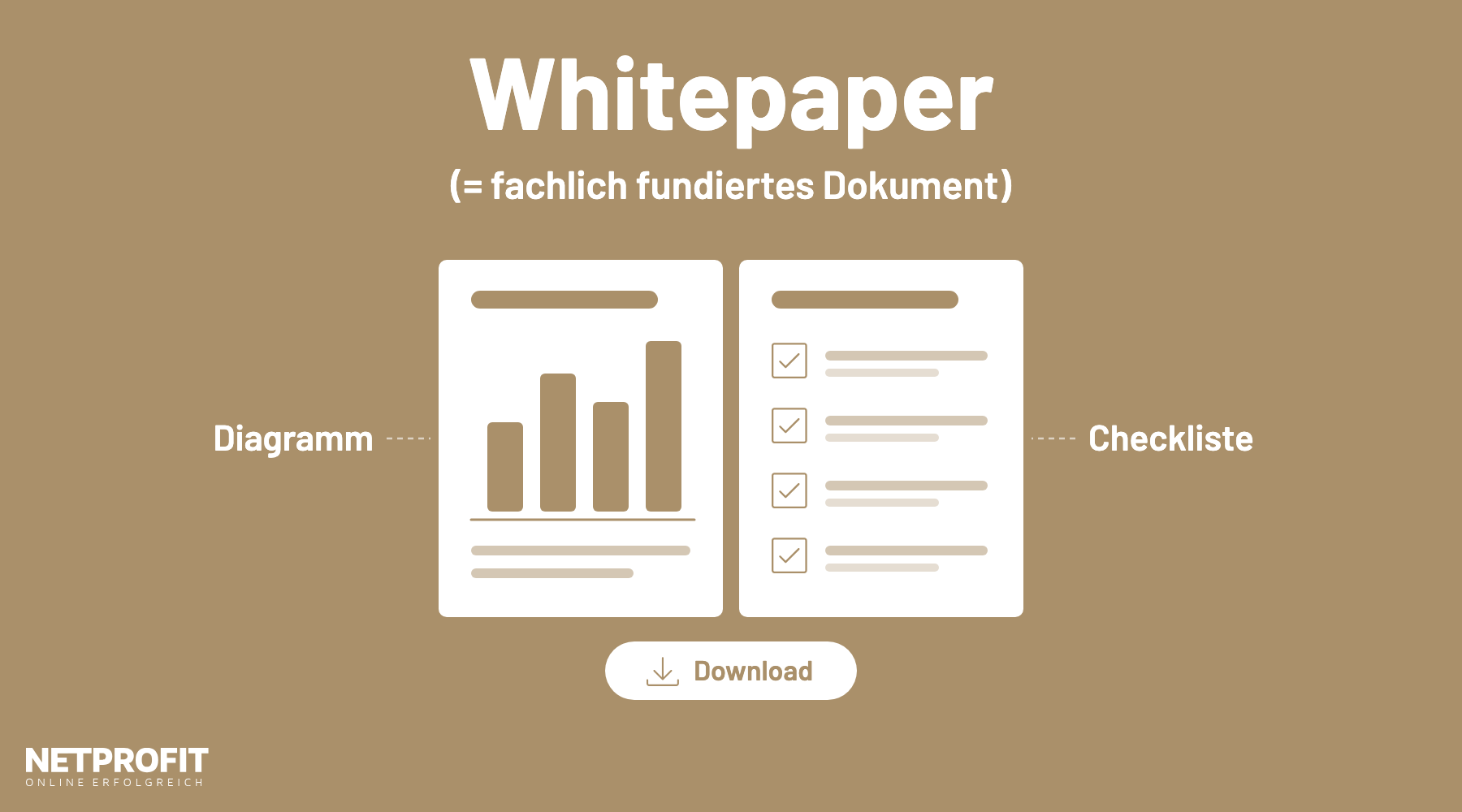 Aufgeschlagenes Dokument mit S&auml;ulendiagramm links und Checkliste rechts, darunter ein Download-Button