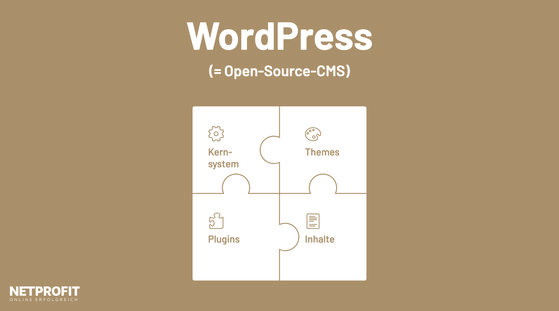 Vier Puzzleteile: Kernsystem, Themes, Plugins und Inhalte als Bausteine einer WordPress-Webseite