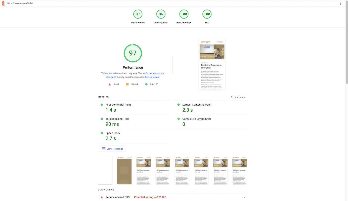 Google Lighthouse Test - Report Ergebnis (Auszug)